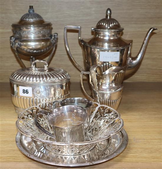 A Scandinavian silver plated three piece tea service, basket, lamp, etc.